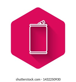 White Aluminum can icon isolated with long shadow. Pink hexagon button. Vector Illustration