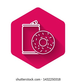 White Aluminum can soda and donut icon isolated with long shadow. Fast food symbol. Pink hexagon button. Vector Illustration