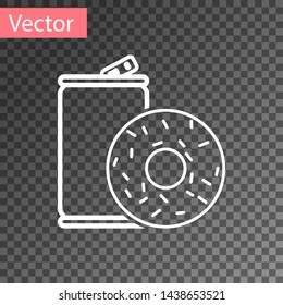 White Aluminum can soda and donut icon isolated on transparent background. Fast food symbol. Vector Illustration