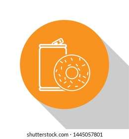 White Aluminum can soda and donut icon isolated on white background. Fast food symbol. Orange circle button. Vector Illustration