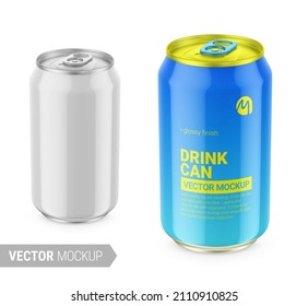 White aluminum drink can with glossy finish. 330 ml. Photo-realistic packaging mockup template with sample design. Contains an accurate mesh to wrap your artwork with the correct envelope distortion.