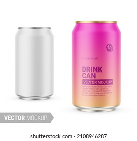 White aluminum drink can with matte finish. 330 ml. Photo-realistic packaging mockup template with sample design. Contains an accurate mesh to wrap your artwork with the correct envelope distortion.