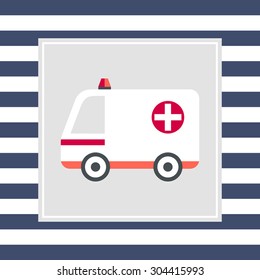 White ambulance car with cross sign and warning beacon