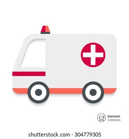 White ambulance car with cross sign and warning beacon