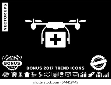 White Ambulance Drone icon with bonus 2017 year trend images. Vector illustration style is flat iconic symbols, black background.