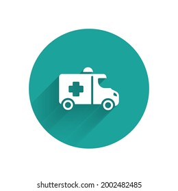 White Ambulance and emergency car icon isolated with long shadow. Ambulance vehicle medical evacuation. Green circle button. Vector