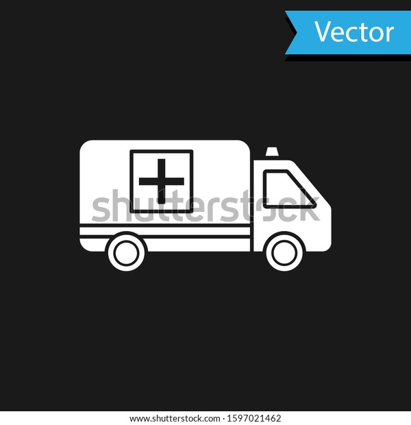 White Ambulance and emergency car icon\
isolated on black background. Ambulance vehicle medical evacuation.\
 Vector Illustration