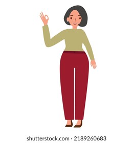 White American business woman shows hand sign completing the project. Successful American female entrepreneur satisfied with the result of her work. Vector illustration
