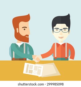 A white american and chinese businessmen handshaking and  having a business meeting with a contract to be sign. Business partnership concept. A contemporary style with pastel palette soft blue tinted