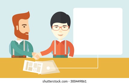 A white american and chinese businessmen handshaking and  having a business meeting with a contract to be sign. Business partnership concept. A contemporary style with pastel palette soft blue tinted