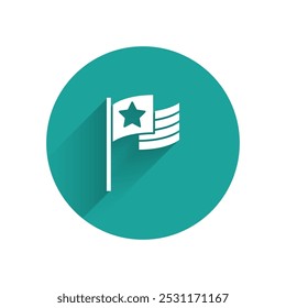 White American flag icon isolated with long shadow. Flag of USA. United States of America. Green circle button. Vector