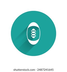 White American Football ball icon isolated with long shadow background. Rugby ball icon. Team sport game symbol. Green circle button. Vector