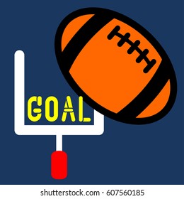 White american football goal with orange oval ball with yellow GOAL letter on the blue background.