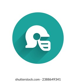 White American football helmet icon isolated with long shadow background. Green circle button. Vector