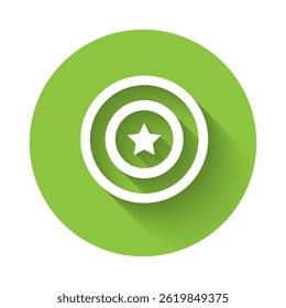 White American star shield icon isolated with long shadow. United States of America country flag. 4th of July. USA Independence day. Green circle button. Vector