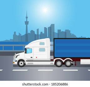 White american truck moving over the bridge early morning (drawn using clipping mask for wagon)