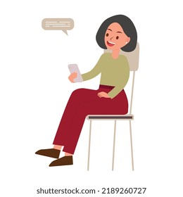 White American woman listens to audio podcast or voice message. Happy American female sits on the chair and communicates by an chat with friends. Vector illustration
