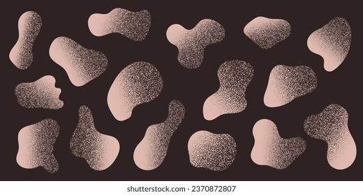 White Amoeba blob with gritty texture, organic abstract shape. Set of Liquid amorphous shapes, fluid blotch collection. Grain sandstone on dark background.