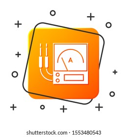 White Ampere meter, multimeter, voltmeter icon isolated on white background. Instruments for measurement of electric current. Orange square button. Vector Illustration