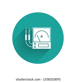 White Ampere meter, multimeter, voltmeter icon isolated with long shadow. Instruments for measurement of electric current. Green circle button. Vector Illustration