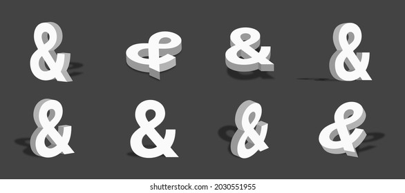 White ampersand 3d icon illustration with different views and angles