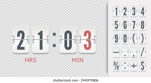 White analog countdown number font. Flip numbers and symbols font for information web page or time counter. Vintage floating symbols for time meter vector template.