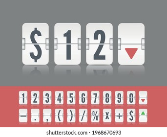 White analog flip airport board for countdown timer. Flip number and symbol scoreboard on dark background. Stock exchange vector mechanic board.