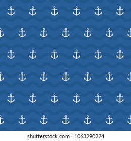 White anchor in blue wave background. A playful, modern, and flexible pattern for brand who has cute and fun style. Repeated pattern. Happy, bright, and nautical mood. 