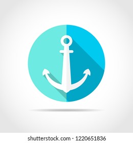 White anchor icon in flat design with long shadow. Vector illustration. Anchor icon on the blue round button.