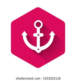 White Anchor icon isolated with long shadow. Pink hexagon button. Vector Illustration