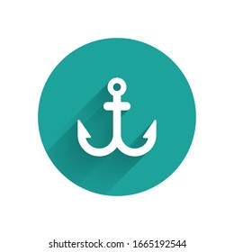 White Anchor icon isolated with long shadow. Green circle button. Vector Illustration