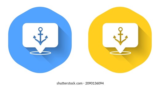 Icono de ancla blanca aislado con fondo de sombra larga. Botón Círculo. Vector