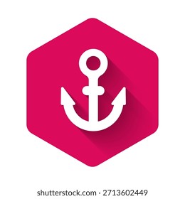 Icono de ancla blanco aislado con sombra larga. Botón hexagonal rosa. Vector