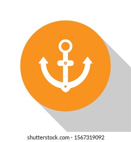 White Anchor icon isolated on white background. Orange circle button. Vector Illustration