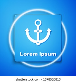 White Anchor icon isolated on blue background. Blue square button. Vector Illustration
