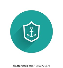 White Anchor inside shield icon isolated with long shadow. Green circle button. Vector