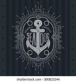 White Anchor On Blackboard. Vintage Label, Grunge Background. Typography Elements