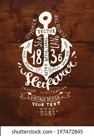 White Anchor. Vintage Label, Concrete Wall Background. Typography Elements. Wood Texture Background