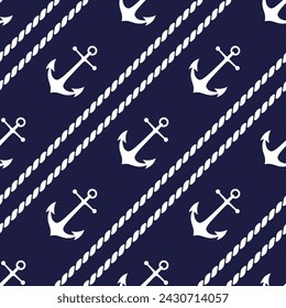 Anclajes blancos y cordones diagonales sobre fondo azul oscuro. Vector patrón sin fisuras. Ideal para textiles infantiles, estampados, fondos de pantalla y decoración de guardería.