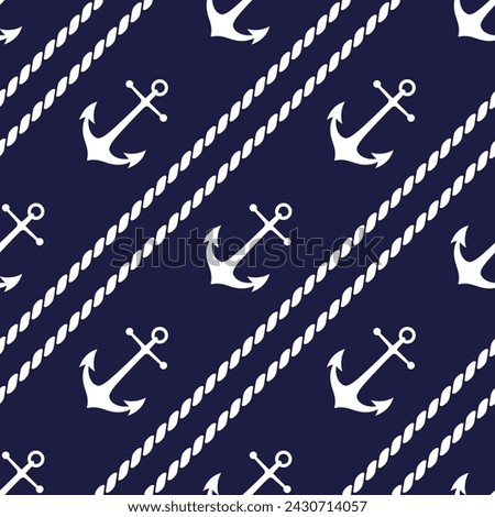 White anchors and diagonal cords on dark blue background. Vector seamless pattern. Best for childish textile, print, wallpapers, and nursery decoration.