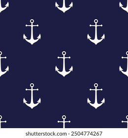 White anchors on dark blue background seamless pattern. Marine boyish theme. Best for childish textile, print, wallpapers, and nursery decoration.
