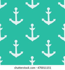 White anchors on sea blue background. Seamless pattern. Vector illustration.