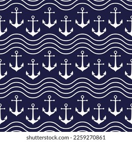 White anchors and waves on dark blue background seamless pattern.