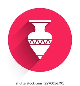 White Ancient amphorae icon isolated with long shadow. Red circle button. Vector