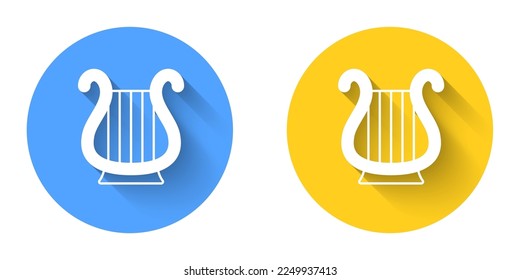 White Ancient Greek lyre icon isolated with long shadow background. Classical music instrument, orhestra string acoustic element. Circle button. Vector