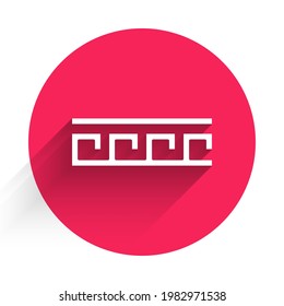 White Ancient Greek pattern icon isolated with long shadow. Red circle button. Vector