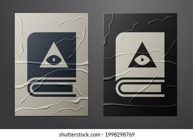 White Ancient magic book with alchemy recipes and mystic spells and enchantments icon isolated on crumpled paper background. Paper art style. Vector