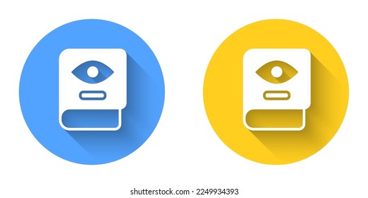 White Ancient magic book with alchemy recipes and mystic spells and enchantments icon isolated with long shadow background. Circle button. Vector