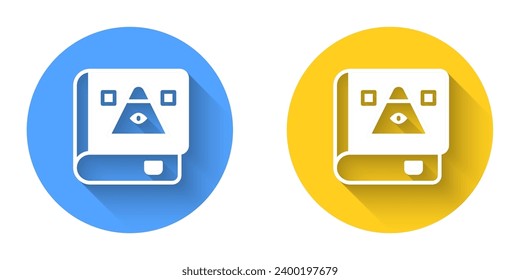 White Ancient magic book with alchemy recipes and mystic spells and enchantments icon isolated with long shadow background. Circle button. Vector