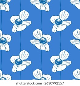 White anemone flowers arranged in vertical seamless pattern on blue background. Botanical floral ornament. Repeating vector texture. Floral decoration and spring season concept